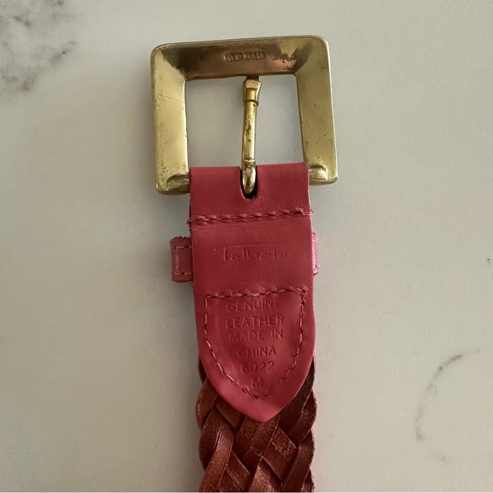 Vintage Talbots Braided Leather Belt Solid Brass Square Buckle Gloss Pink M